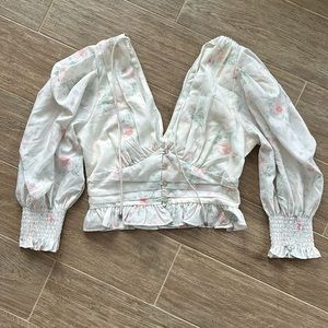 ACOA Floral Ruffle V Neck Crop Blouse